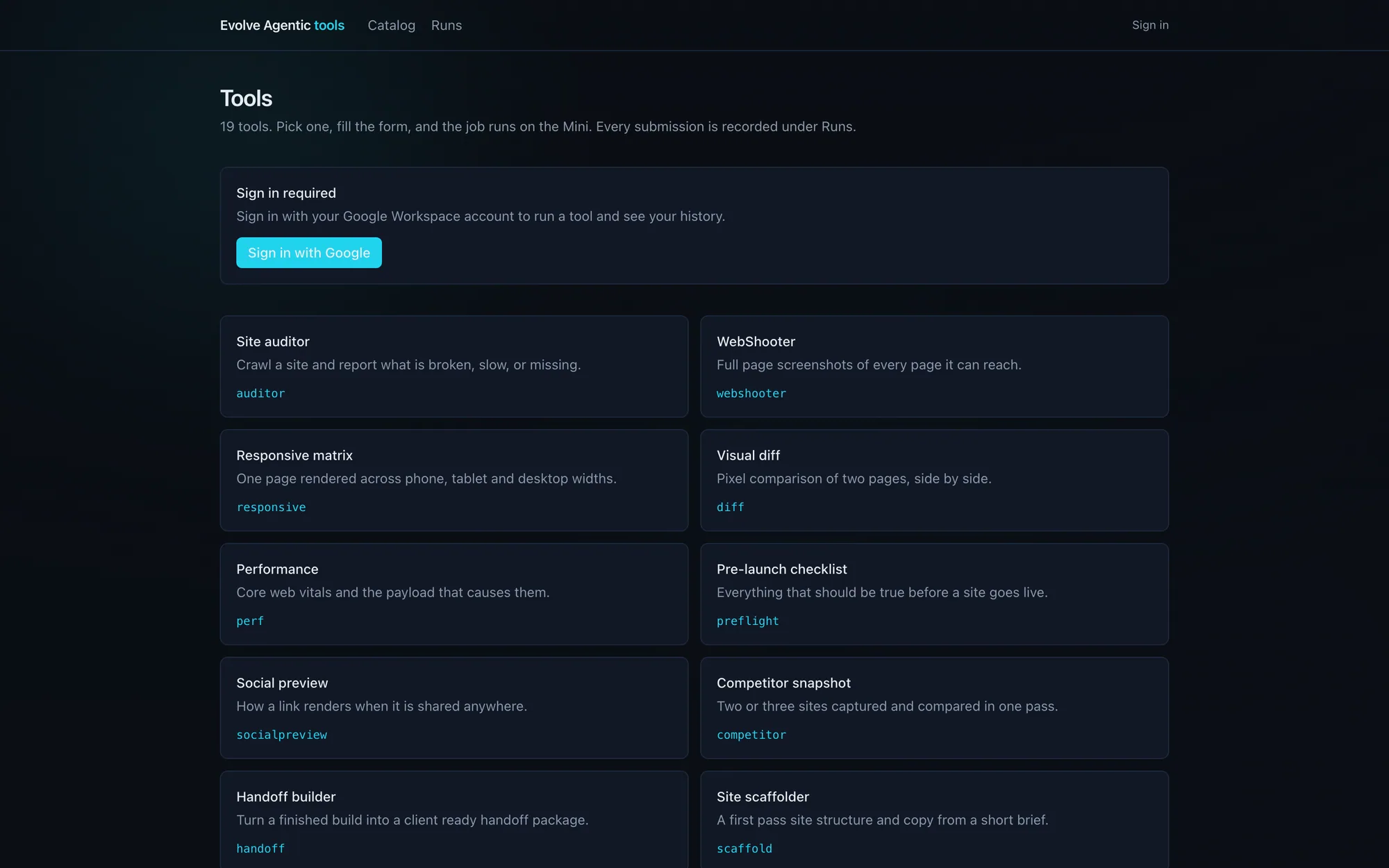 Evolve Agentic Tools interface